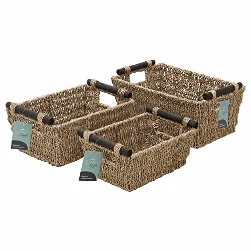 JVL Set of 3 Open Weave Seagrass Tapered Storage Baskets with Wooden Handles in Beige
