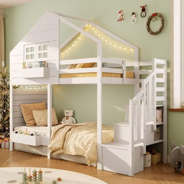 Matteo White Solid Wood Childrens Bunk Bed with Storage Stairs and House Frame Design, Size: 90 x 200 cm