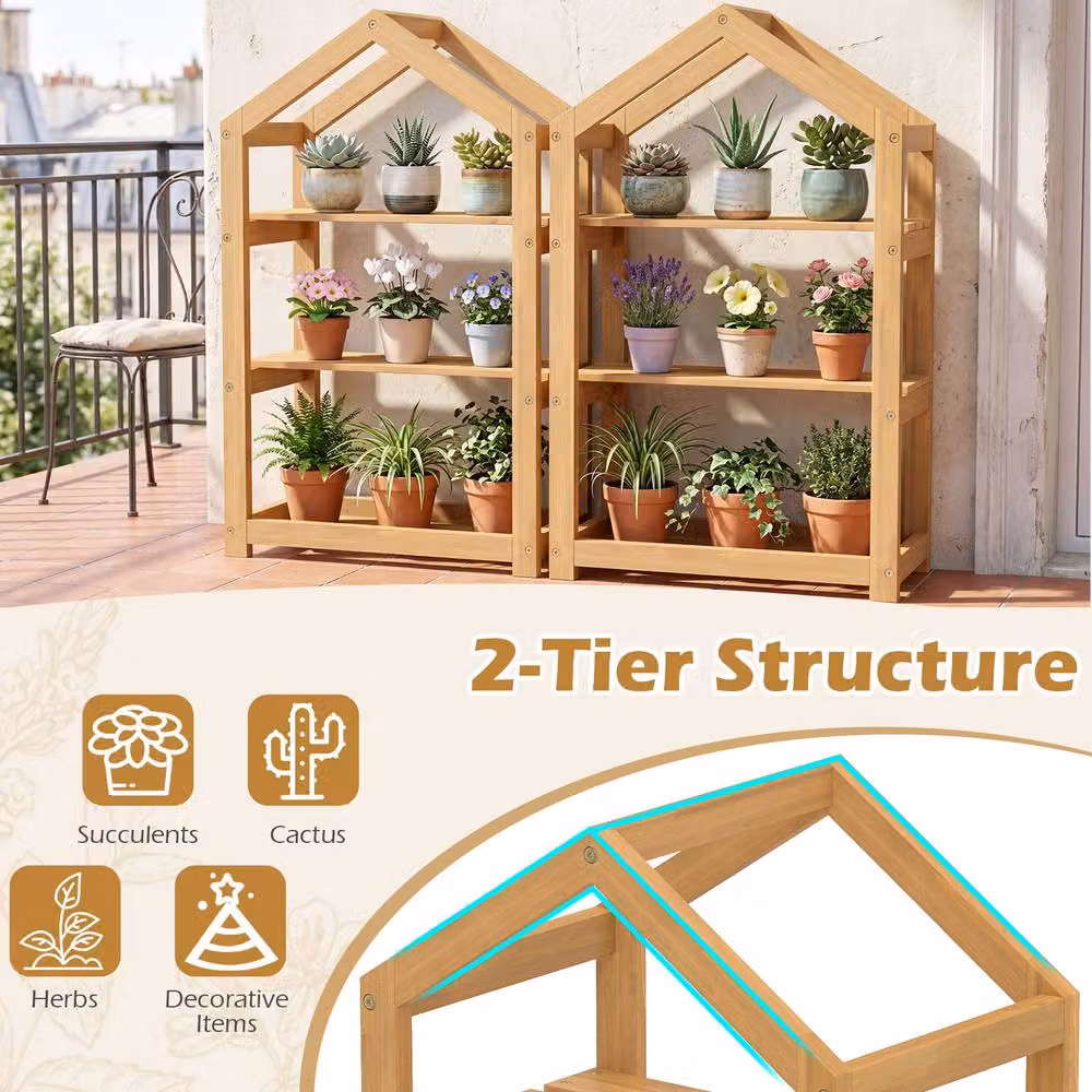 Costway 2-Tier Acacia Wood House-Shaped Corner Plant Stand in Brown or Sand – 5