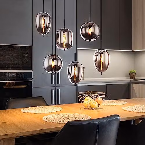 Globo Lighting Blacky Bar Pendant Light with 6 Smoke Grey Glass Shades and Black Metal Finish, W/D/H: 120 x 34 x 34 cm – 5