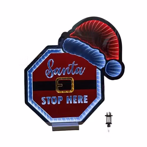 Samuel Alexander Light up Santa Stop Here Sign with Hat Infinity Decoration and LEDs in Red and White, 40 cm – 4