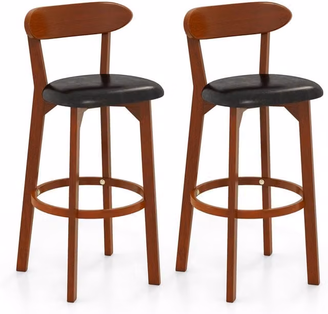 Gymax Set of 2 Modern Walnut Bar Stools with Curved Backrest and Synthetic Leather Seat, Seat Height: 77 cm – 1