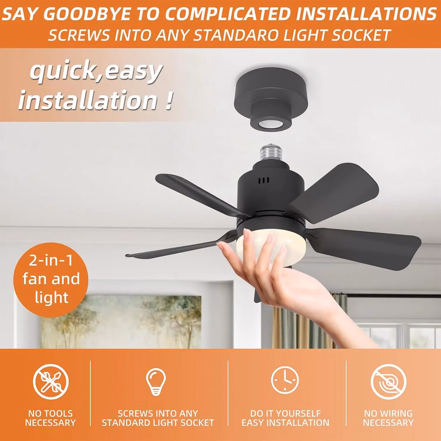 Garwarm Dimmable LED Screw-in Ceiling Fan Light, Black, Diameter: 45 cm – 6