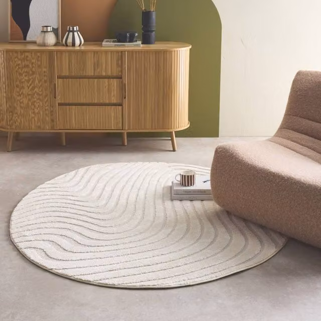 Sweekeec Round Wavy Pattern Interior Rug in Beige, W: 100 cm, D: 160 cm – 1