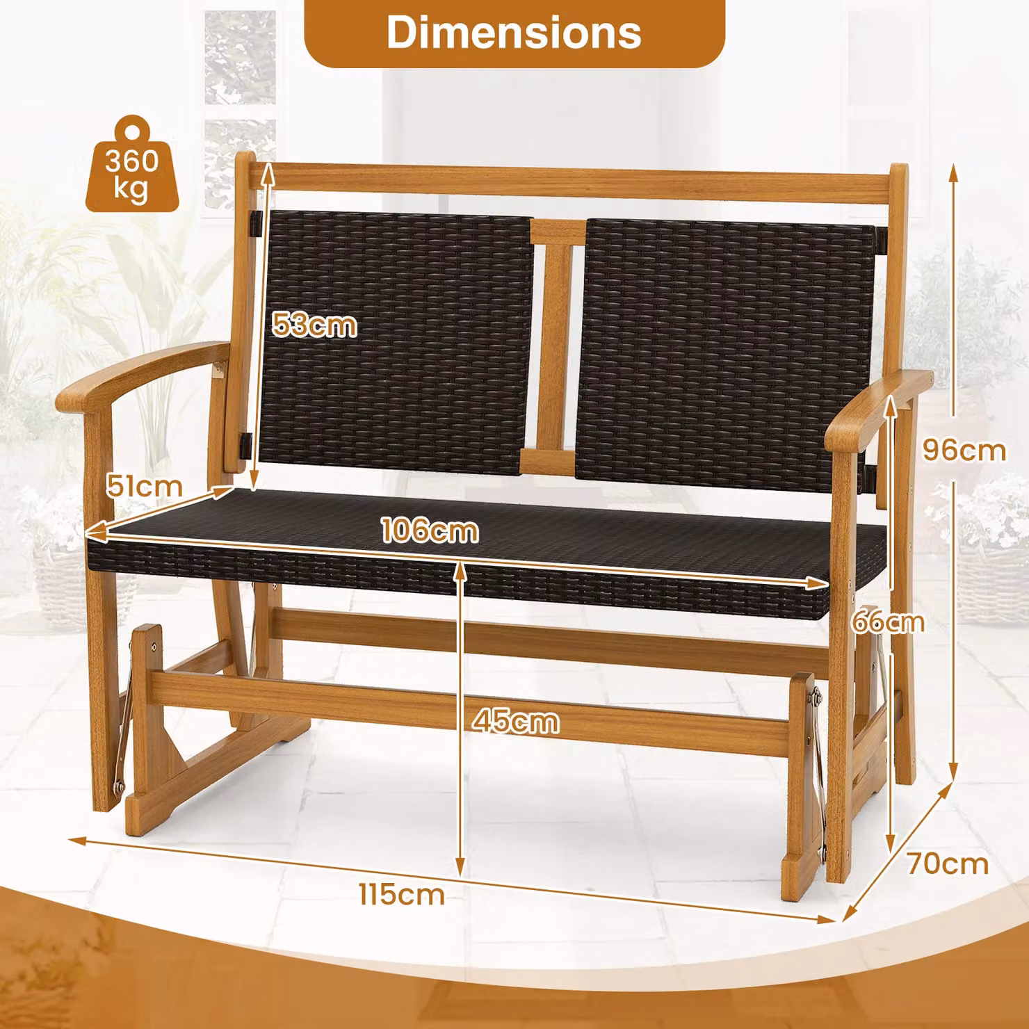 Gymax Outdoor Acacia Wood Glider Bench with Rattan Backrest in Brown – 2