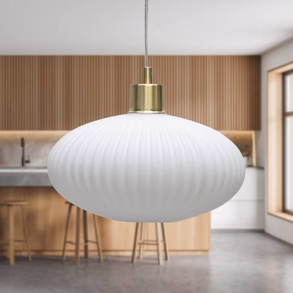 First Choice Lighting Baton Set of 2 Suspended Pendant Lights with White Ribbed Oval Glass and Gold Brass Finishes – 2