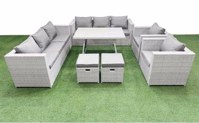 Fimous 10-Seater PE Rattan Garden Furniture Set with Tempered Glass Table, Light Grey