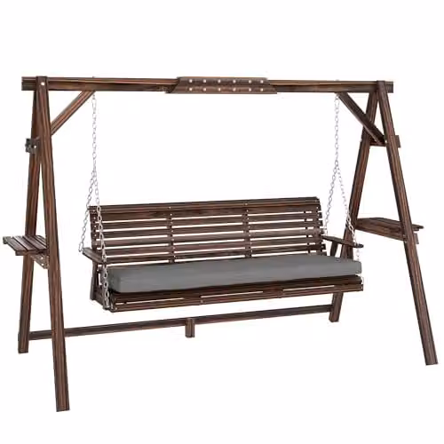Outsunny 3 Seater Wooden Garden Swing Seat with Cushions and Side Trays in Grey or Brown – 1