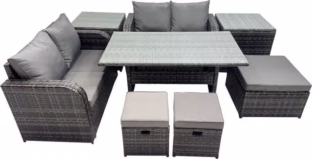 Fimous Modern Outdoor Furniture Set in Dark Grey featuring 2-Seater Sofa, 3 Stools, and 2 Side Tables with Powder Coated Steel Frame and Upholstered Cushions – 1