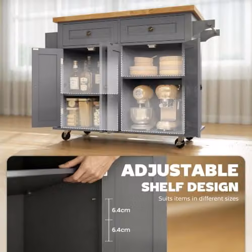 HOMCOM Grey Kitchen Island on Wheels with Rubberwood Top and Spice Rack, W/D/H: 111.0 x 44.5 x 82.5 cm – 4