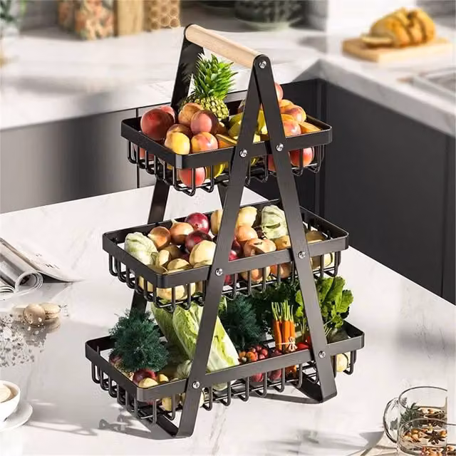 Nordara 3 Tier Fruit Basket and Vegetable Storage Stand with Handle, Black – 1