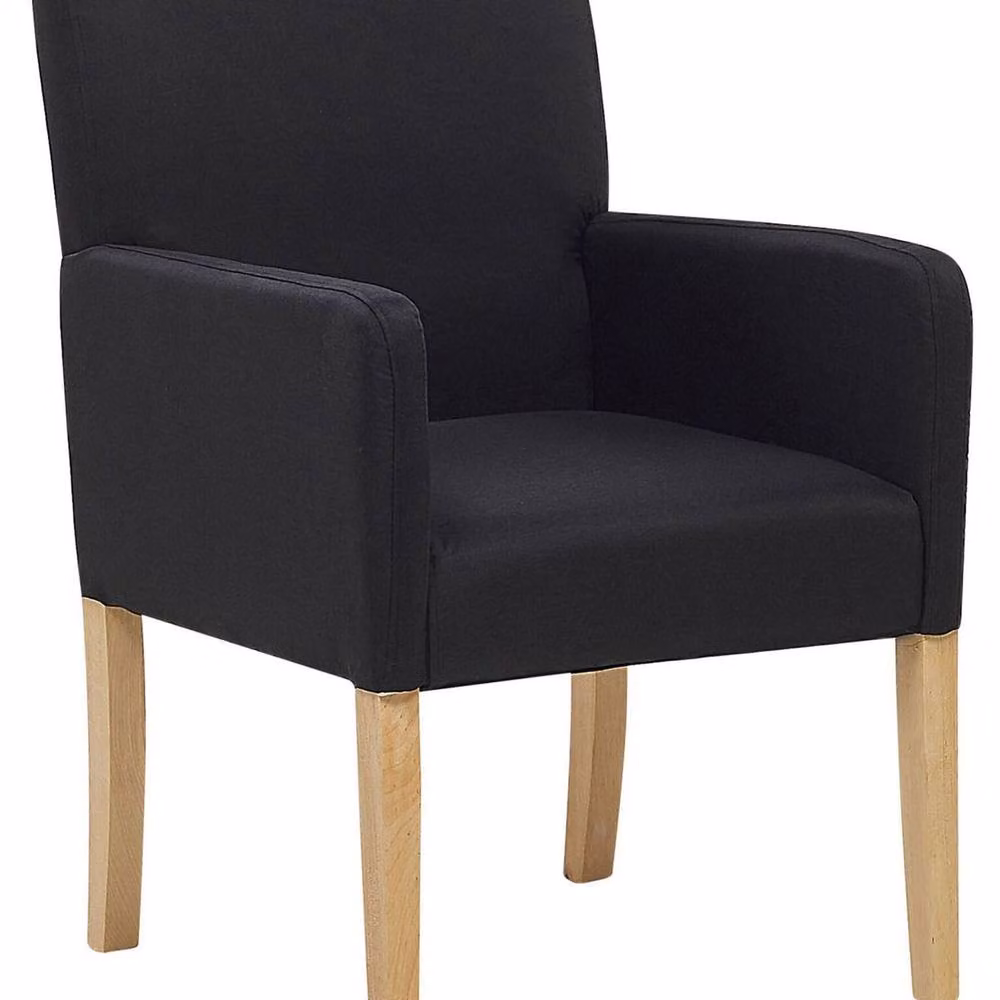 Wyld and Coco Black Fabric Dining Chair with Armrests and Rubberwood Legs – 2