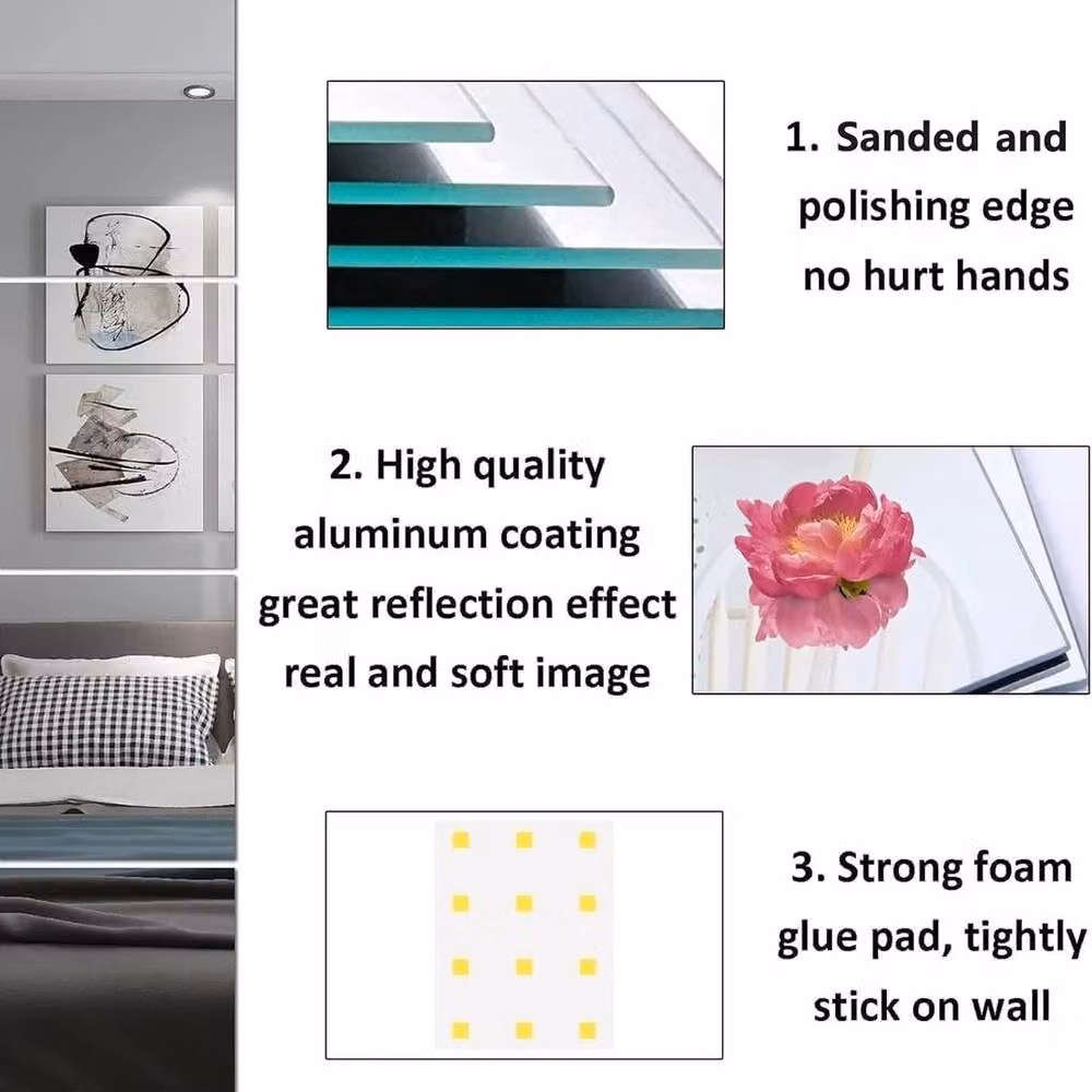 FLAVORA 4-Piece Self-Adhesive HD Stick-On Mirror Sheets, Silver, W: 40 cm, H: 30 cm – 4