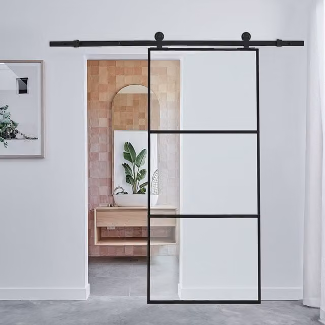 Livingandhome Modern Black Sliding Barn Door with Transparent Glass and Aluminium Frame