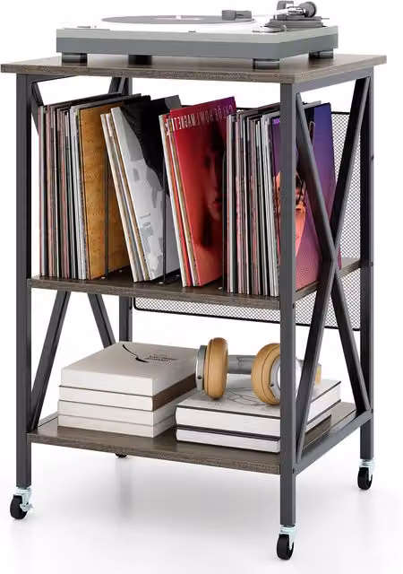 COSTWAY Industrial Record Player Stand in Grey Metal and Wood