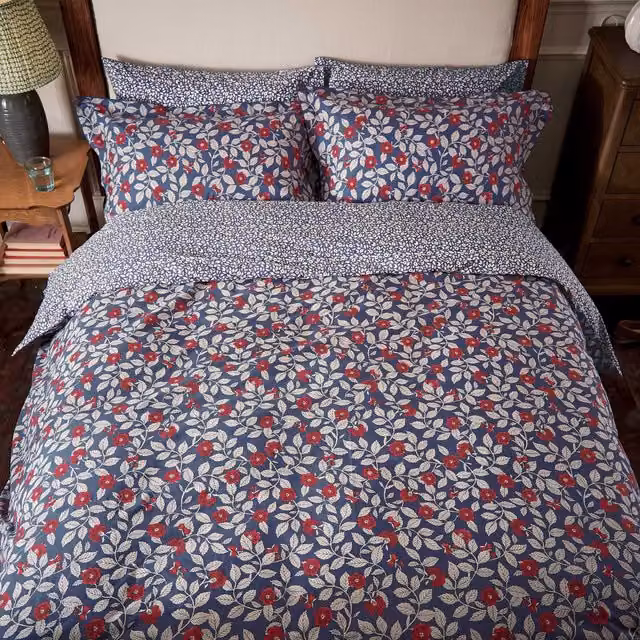 Joules Grove Floral Reversible Cotton Percale Duvet Cover and Pillowcase Set, Blue and Red, W: 180 cm x L: 200 cm