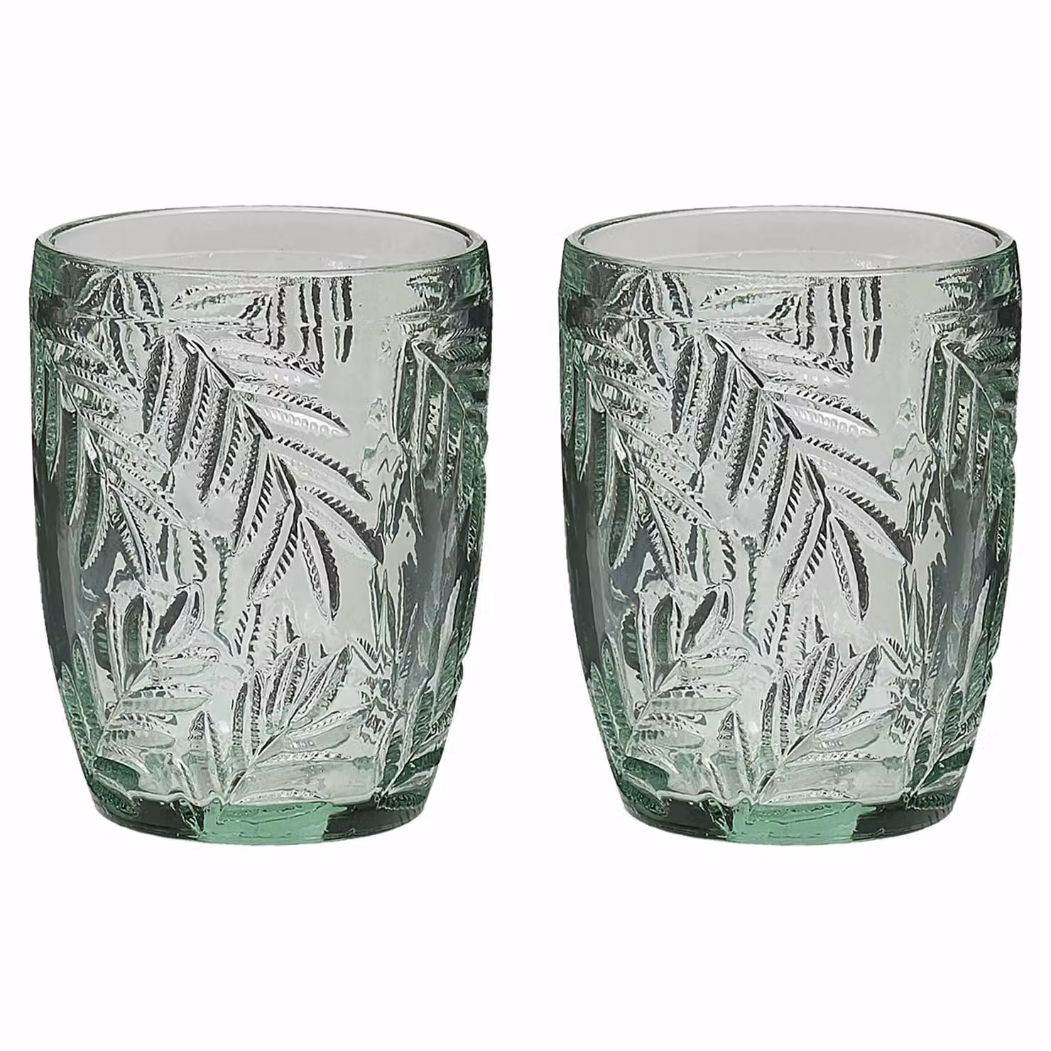 Dibor Set of 2 Laurier Green Embossed Leaf Floral Drinking Glass Tumblers, 320ml per glass – 2