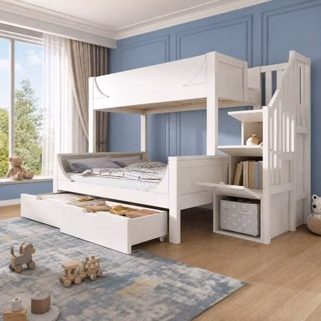 STILVORA Junior White Bunk Bed Frame with Storage Drawers and Stairs