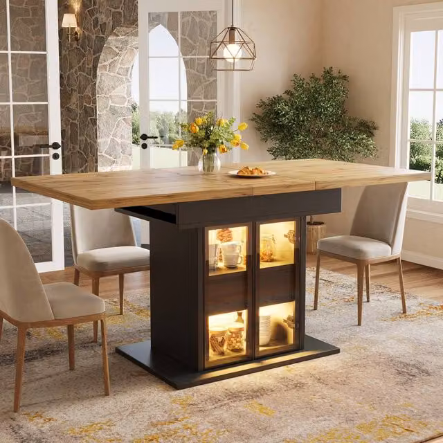 Merax Extendable 4-6 Seater Rectangular Dining Table with LED Lighting and Storage Base in Black – 1