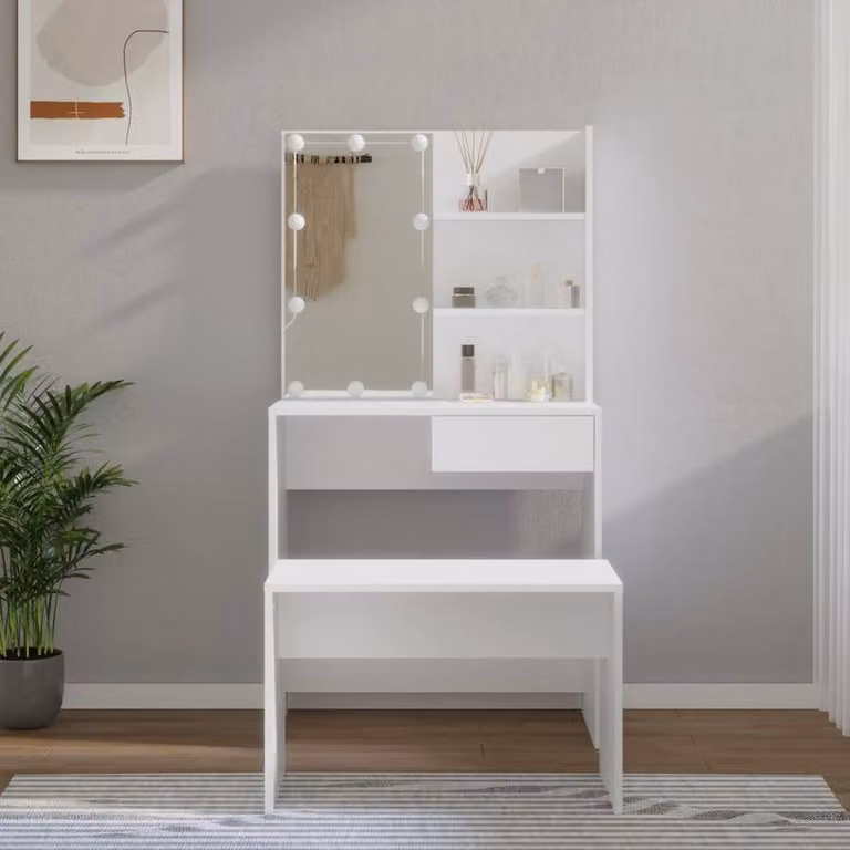 Berkfield Home White Hollywood LED Dressing Table Set with MDF Wood Finish, W/D/H: 141 x 40 x 74.5 cm