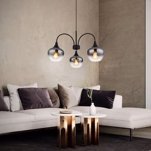 Globo Lighting Modern 3-Bulb Pendant Light with Black Metal and Smoke Glass Shades, E27, Height Adjustable – 3