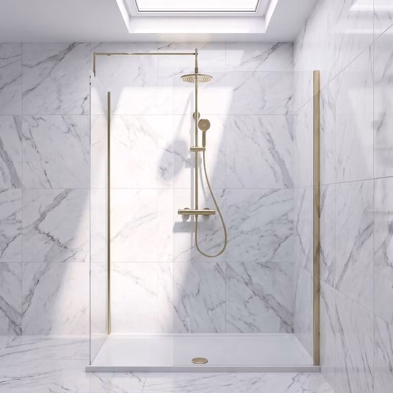 Balterley Walk-In Wetroom Bundle in Brushed Brass with Rectangular Tray and Glass Niche, W: 1500 mm, D: 700 mm