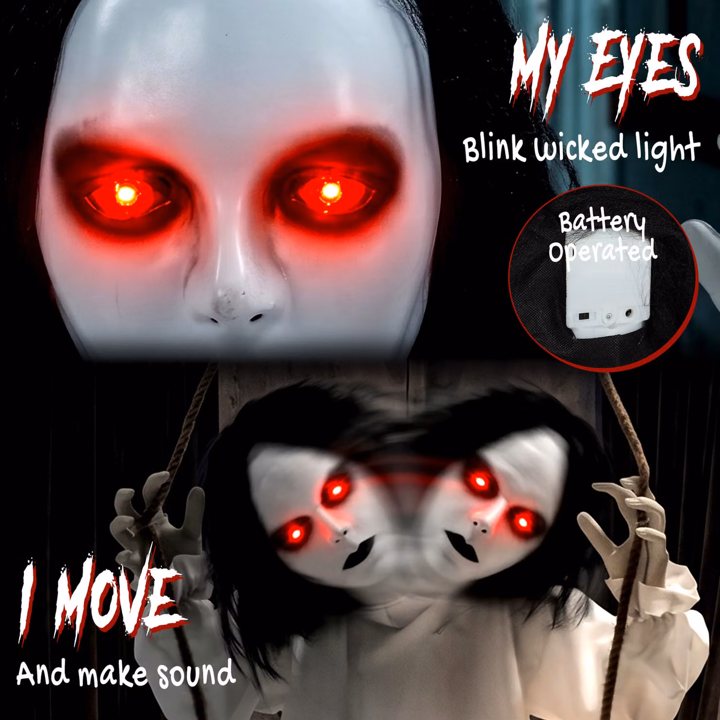 HOMCOM 170cm Animated Hanging Swing Ghost Halloween Decoration with Sound Touch Activation in Black, White and Red – 3