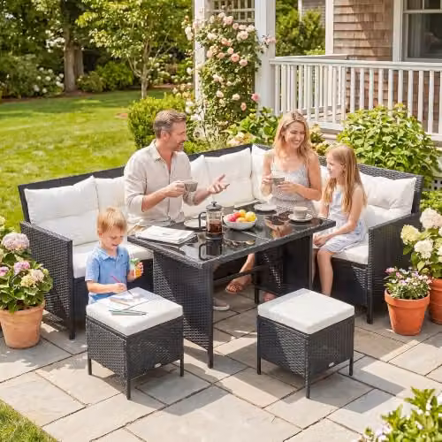 Outsunny 6 Piece L-Shape Rattan Garden Furniture Set with Ottoman and Coffee Table, Black and Grey – 7