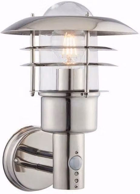 Netlighting Dexter Single Light Outdoor Wall Lamp in Polished Stainless Steel and Grey Glass, IP44, E27