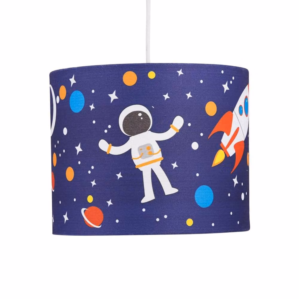 First Choice Lighting Set of 2 Blue Space Rocket Fabric Easy Fit Light Shades, Diameter: 25 cm – 2