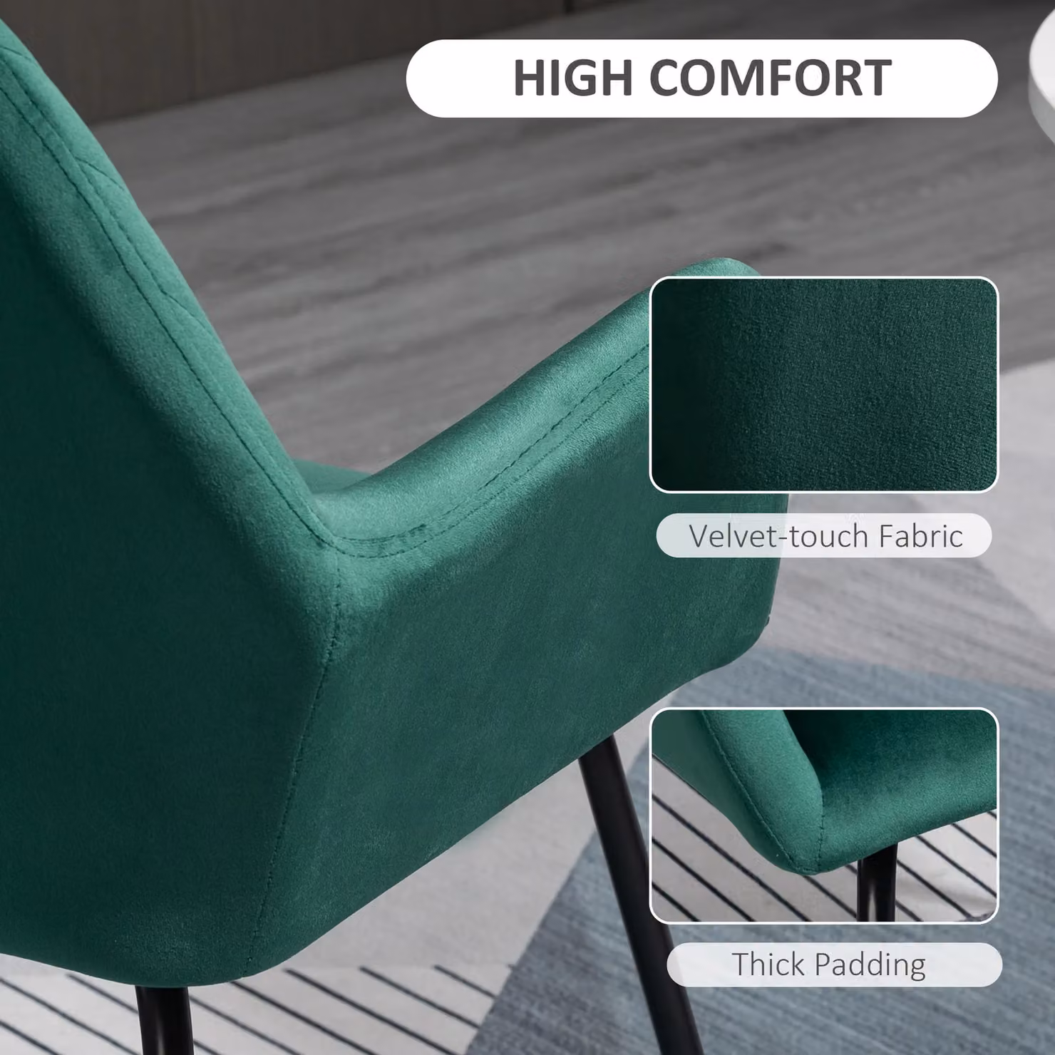 HOMCOM Set of 2 Modern Velvet Upholstered Accent Armchairs with Metal Base in Green – 5