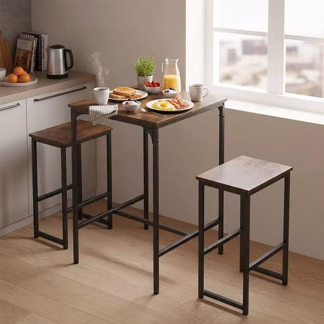 EONLION 3-Piece Industrial Breakfast Bar Table and Stools Set in Brown