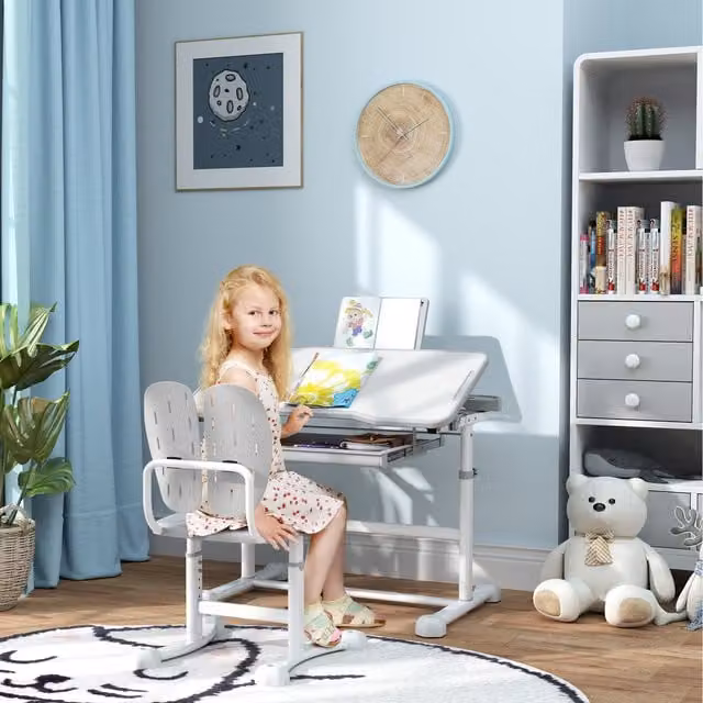 AIYAPLAY Height Adjustable Kids Desk and Chair Set with Tilted Desktop in Grey and White