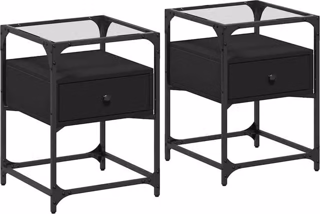 Berkfield Home Set of 2 Black Bedside Cabinets with Mirror Top, W/D/H: 40 x 40 x 55 cm – 1