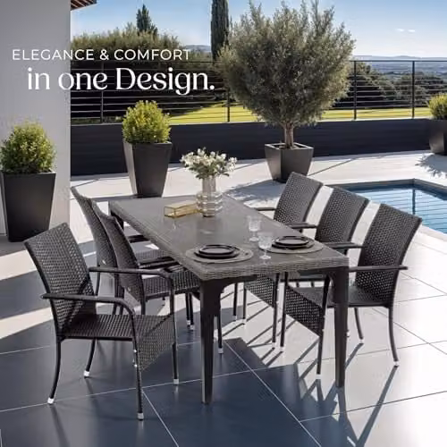 tectake Set of 6 Modern Rattan Garden Chairs in Black and Grey with Metal Frame for Garden, Balcony or Terrace, H 90.0 x W 67.0 x D 58.0 cm, W/D/H: 67.0 x 58.0 x 90.0 cm – 6