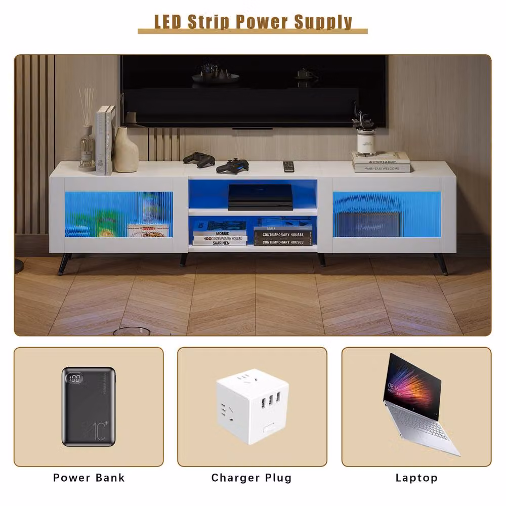KEEPREAPER Modern White TV Stand with Transparent Acrylic Doors for 32-70 Inch TVs – 7
