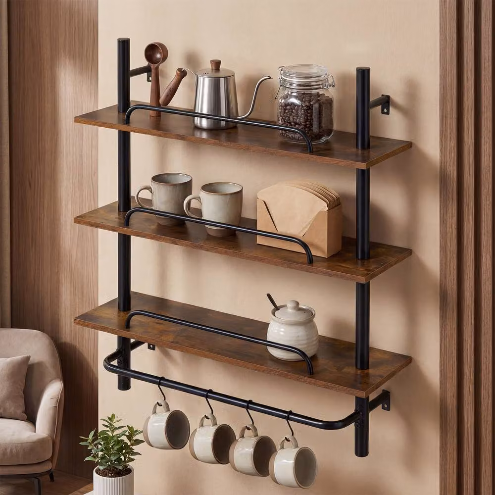 Costway 3-Tier Floating Wall Mounted Display Shelves with 4 Hooks in Dark Brown – 2