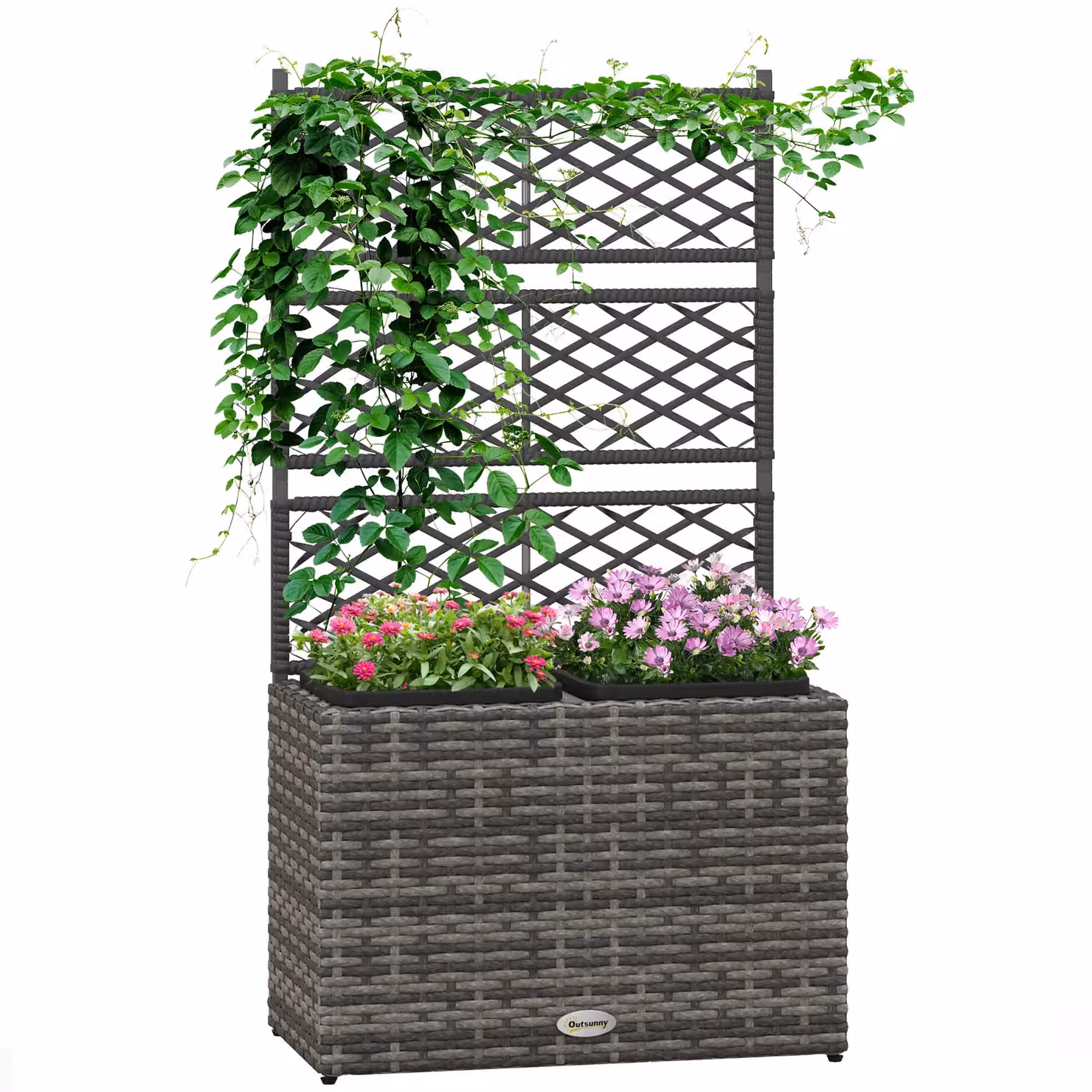 OUTSUNNY Light Grey PE Rattan Garden Planter with Trellis Raised Bed, W/D/H: 57 x 30 x 107 cm – 2