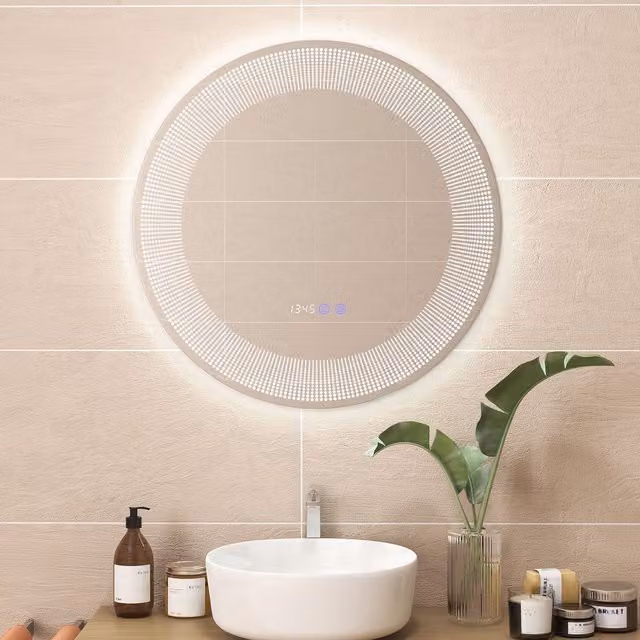 Costway LED Wall-Mounted Round Bathroom Vanity Mirror with 3-Colour Dimmable Touch Lights in Silver