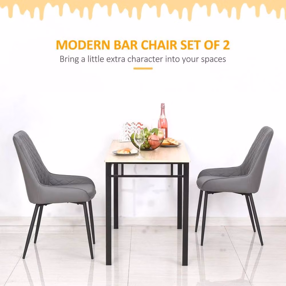 NESTLUNE Set of 2 Grey Quilted PU Leather Dining Chairs with Metal Frame – 3