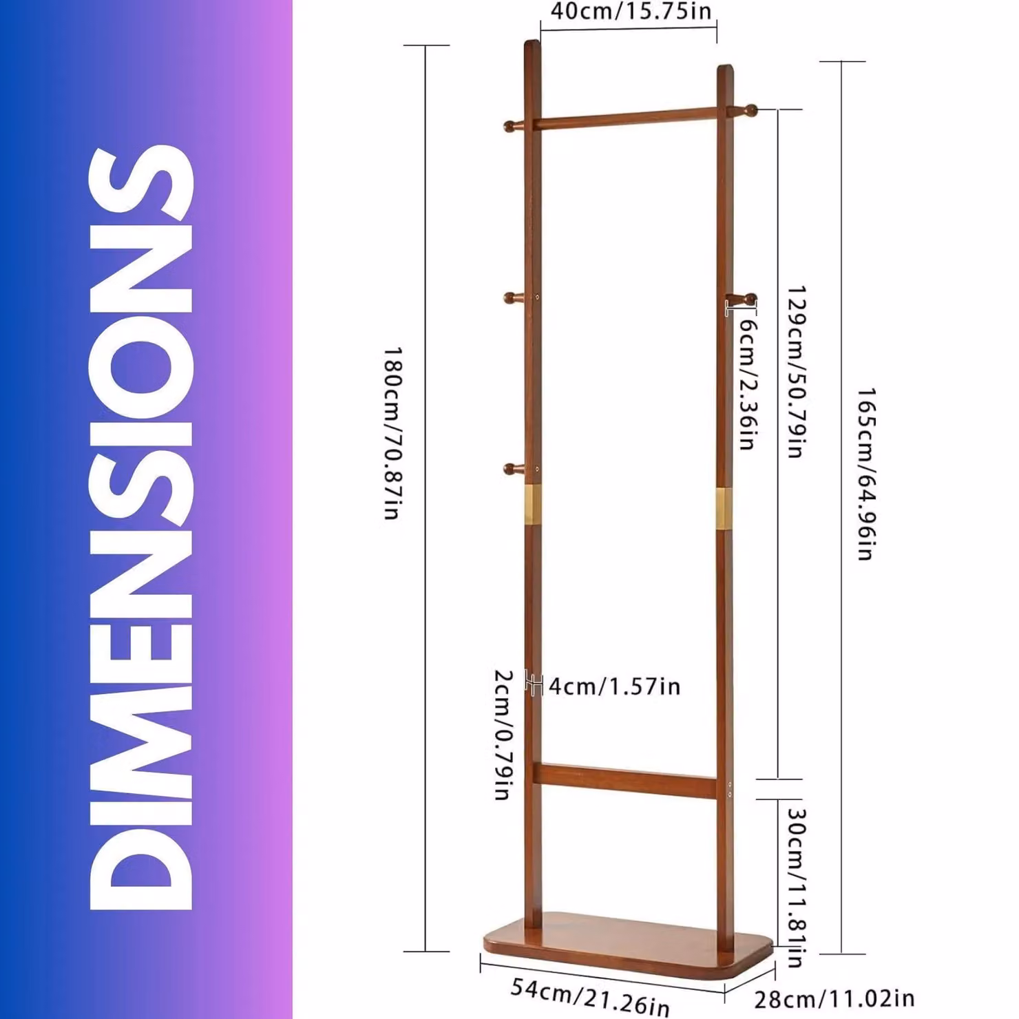 FURNOS Tall Wooden Coat Stand in Brown with 5 Hooks and Rail, Height: 180 cm – 2