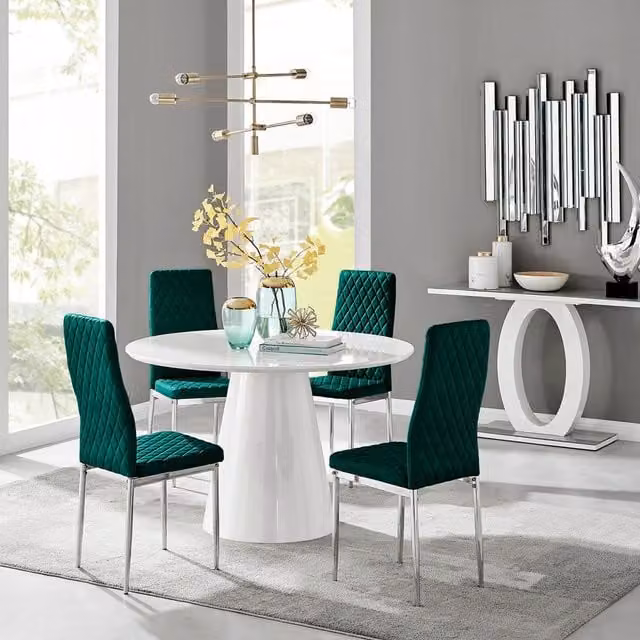 FurnitureboxUK Palma White High Gloss Round Dining Table with 4 Green Velvet Milan Chairs