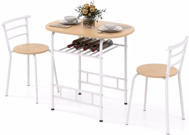 Costway Modern Round Kitchen and Dining Table with 3 Chairs in Brown and White
