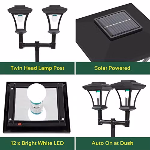 GardenKraft Twin Head Solar Powered LED Garden Lamp Post in Black, Height: 170 cm – 2