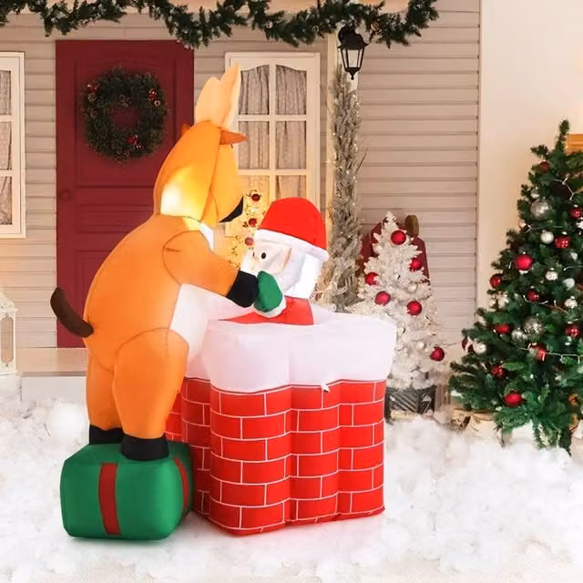 Gymax Inflatable Santa Claus Climbing Chimney with Reindeer Christmas Decoration in Red and Multicolour