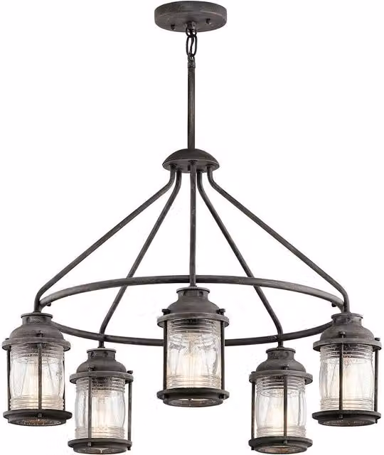 Loops Weathered Zinc 5 Bulb Outdoor IP44 Chandelier in Grey with Multicolour Glass – 1