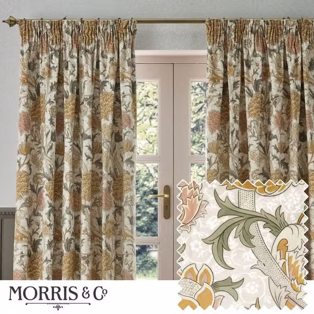 Morris & Co Cray Floral Velvet Room Darkening Pencil Pleat Curtains in Sand and Beige, Width: 229 cm, Drop: 183 cm – 1
