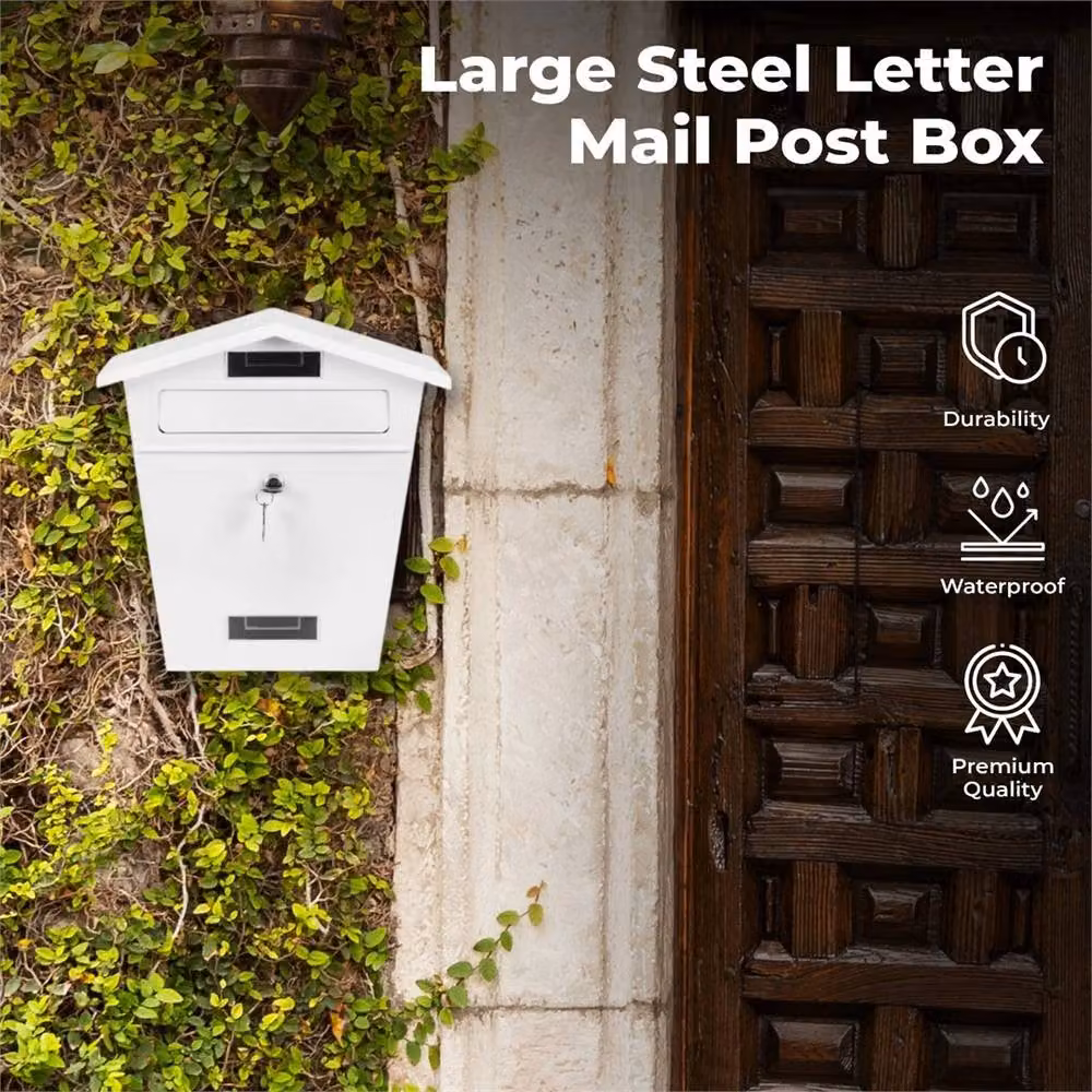 VOGREX Lockable Large Steel Wall Mounted Letterbox in White W/D/H: 36.5 x 22.0 x 11.0 cm – 2