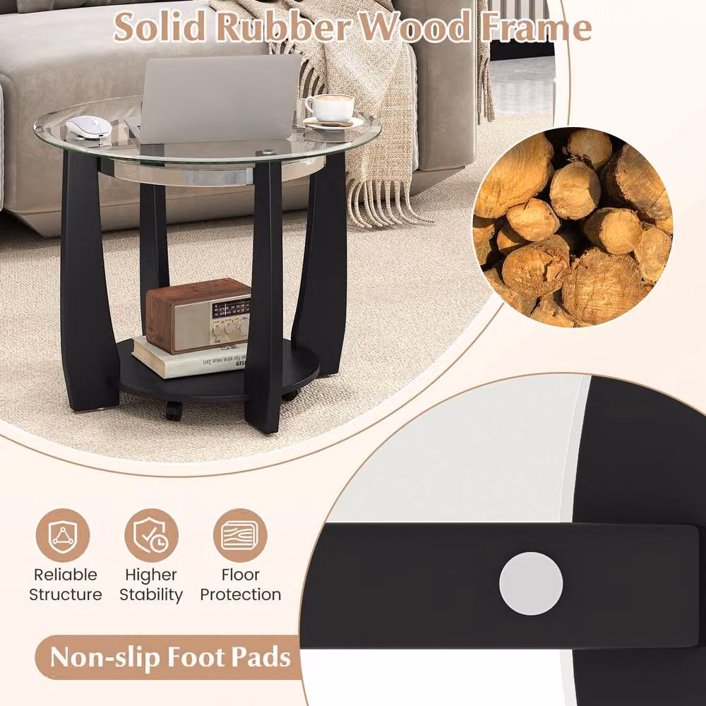 Costway 2-Tier Round Glass Coffee Table with Storage Shelf and Castors in Black – 5