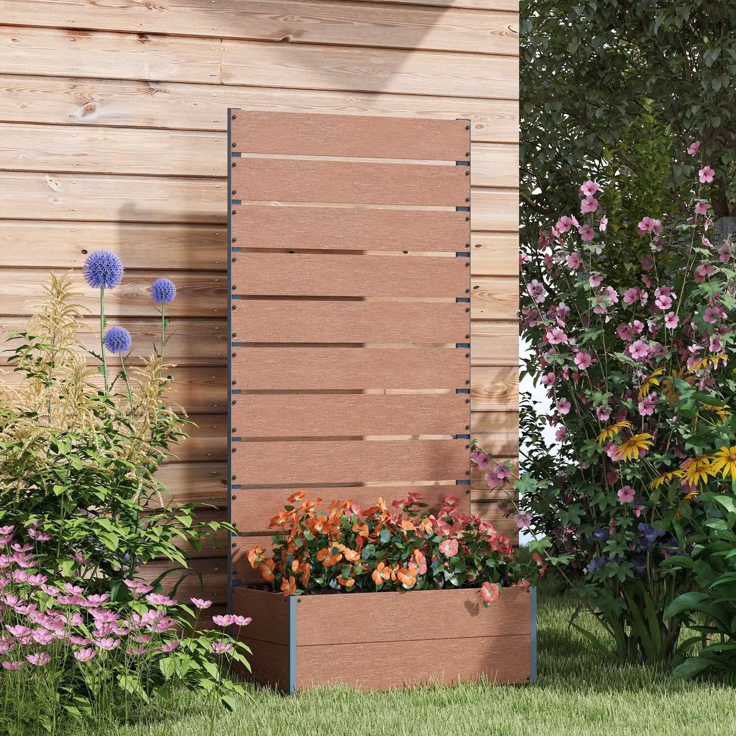 Outsunny Garden Planter Box with Back Trellis Design, Light Brown, W: 34 cm, H: 69.5 cm – 2